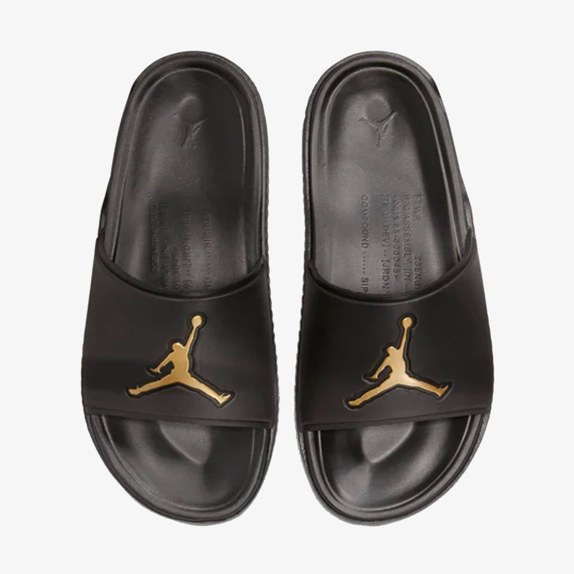 jordan sandals black and gold