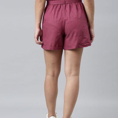 Women Solid Plum High Rise Linen Shorts
