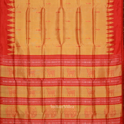 Golden Red Fish Motif Double Pallu Berhampuri Silk Saree