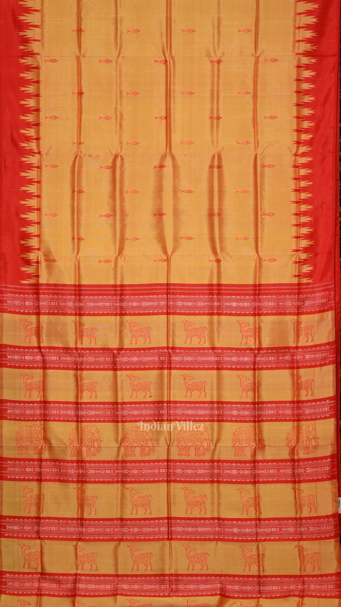 Golden Red Fish Motif Double Pallu Berhampuri Silk Saree