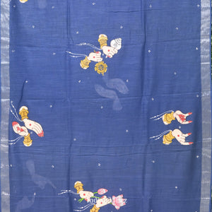 Sky Blue Mudra Theme Hand-Painted Pattachitra Saree