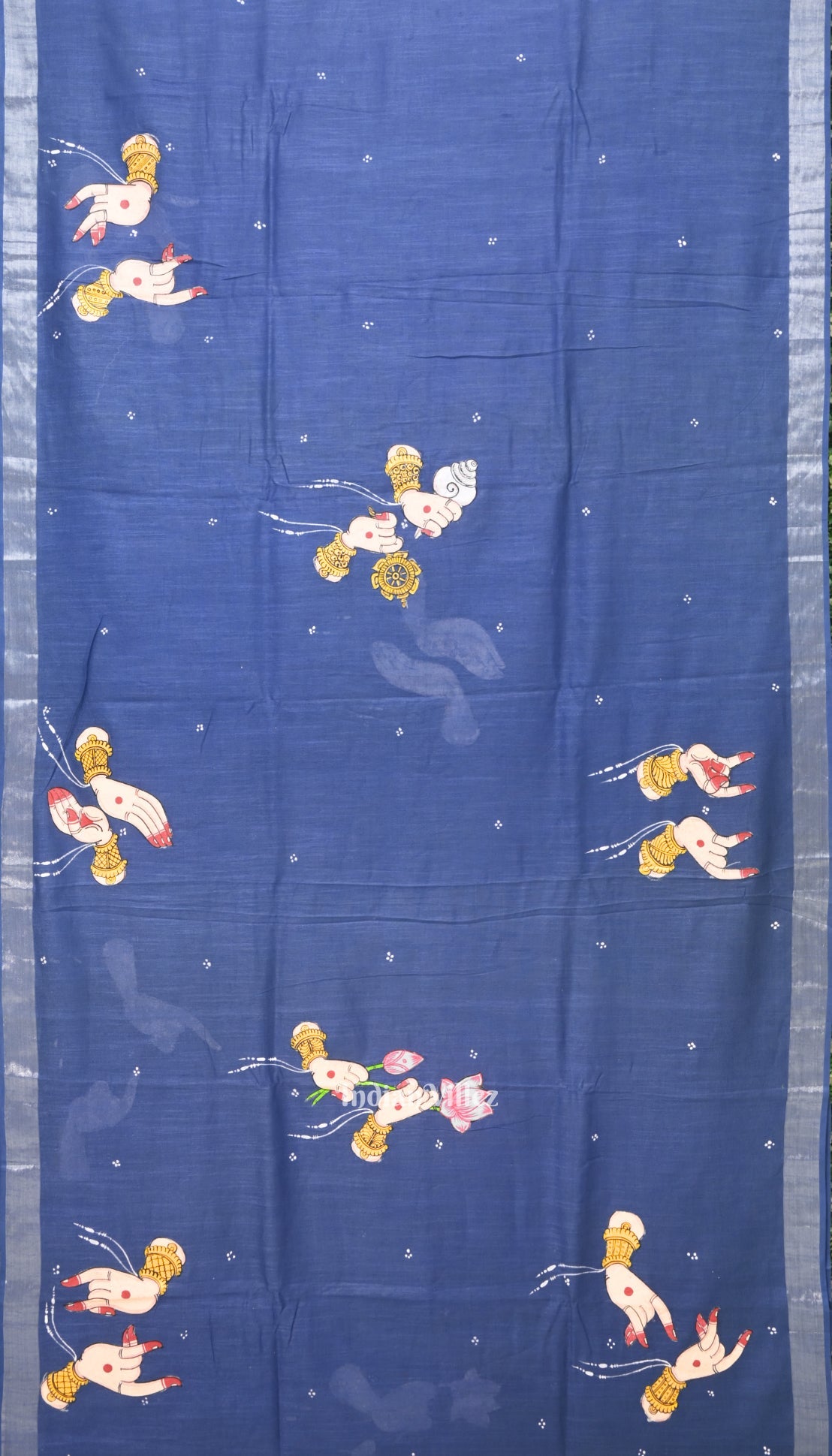Sky Blue Mudra Theme Hand-Painted Pattachitra Saree