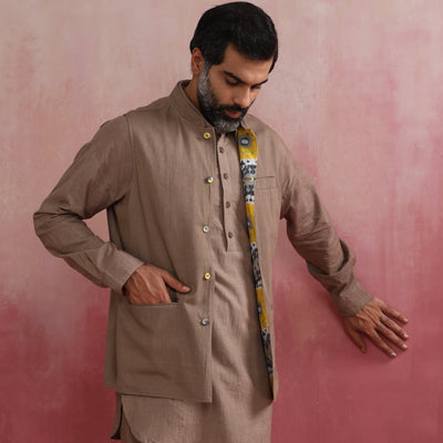 trueBrowns Men's Beige Ikat Reversible  Nehru Jacket