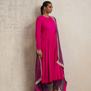 trueBrowns Pink Crinkle Anarkali Kurta Pant Dupatta Set