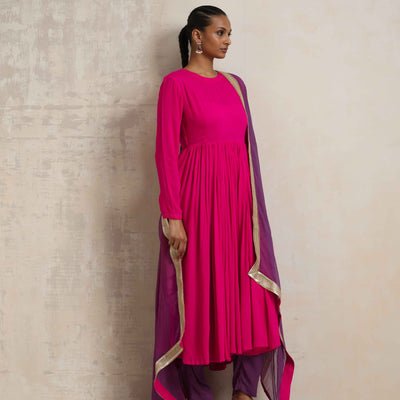 trueBrowns Pink Crinkle Anarkali Kurta Pant Dupatta Set