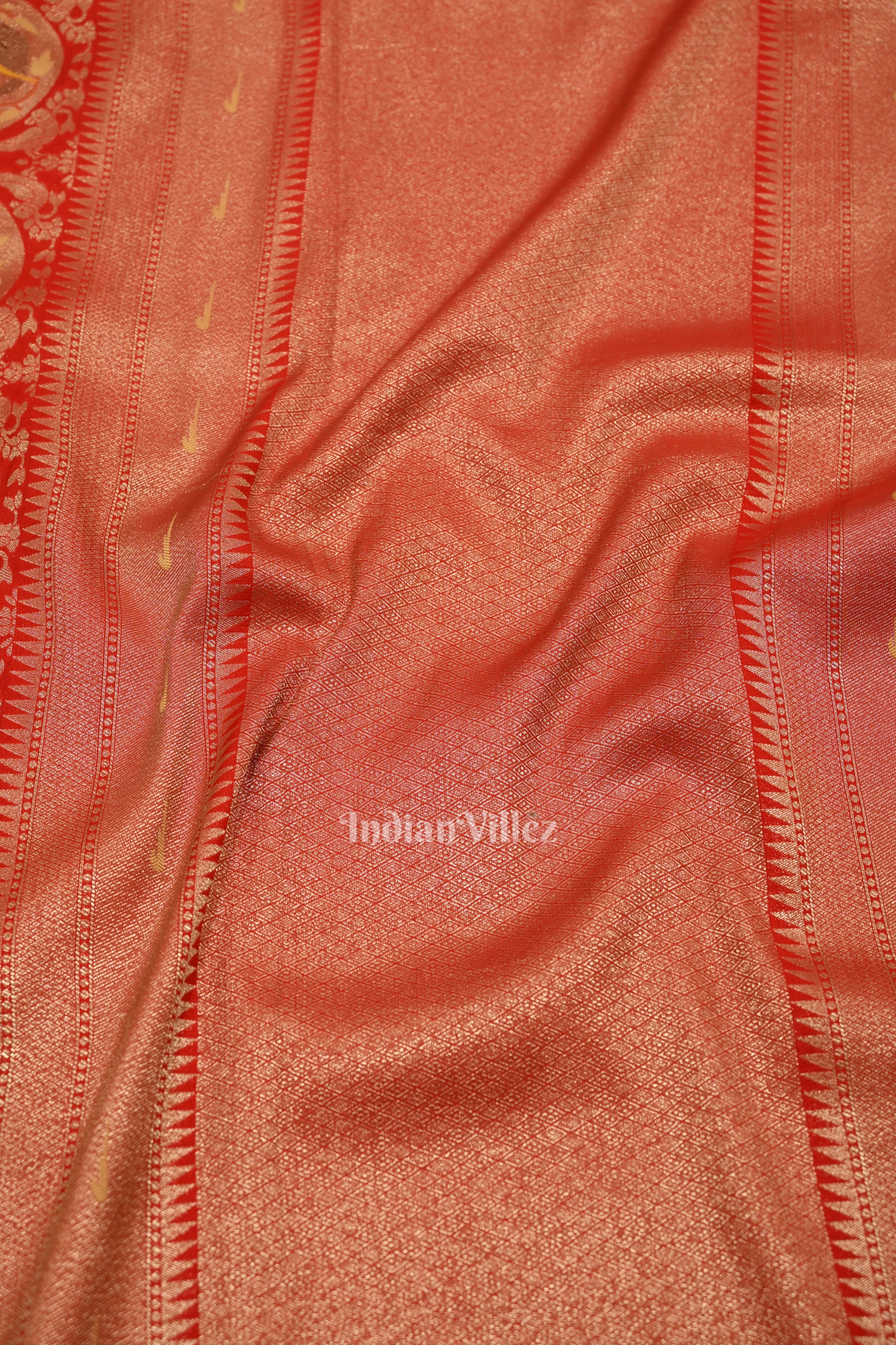 Red Shikargah Theme Khaddi Georgette Banarasi Saree