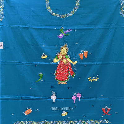 Sky Blue Nartaki Musical Theme Pattachitra Kurti Cotton Dress Material