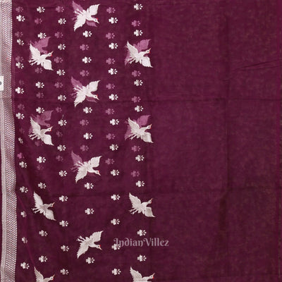 Dark Wine Parsi Gara Floral Motif Hand Embroidered Saree