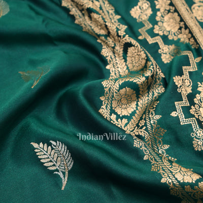 Dark Bottle Green Banarasi with Silver Satin Silk Saree