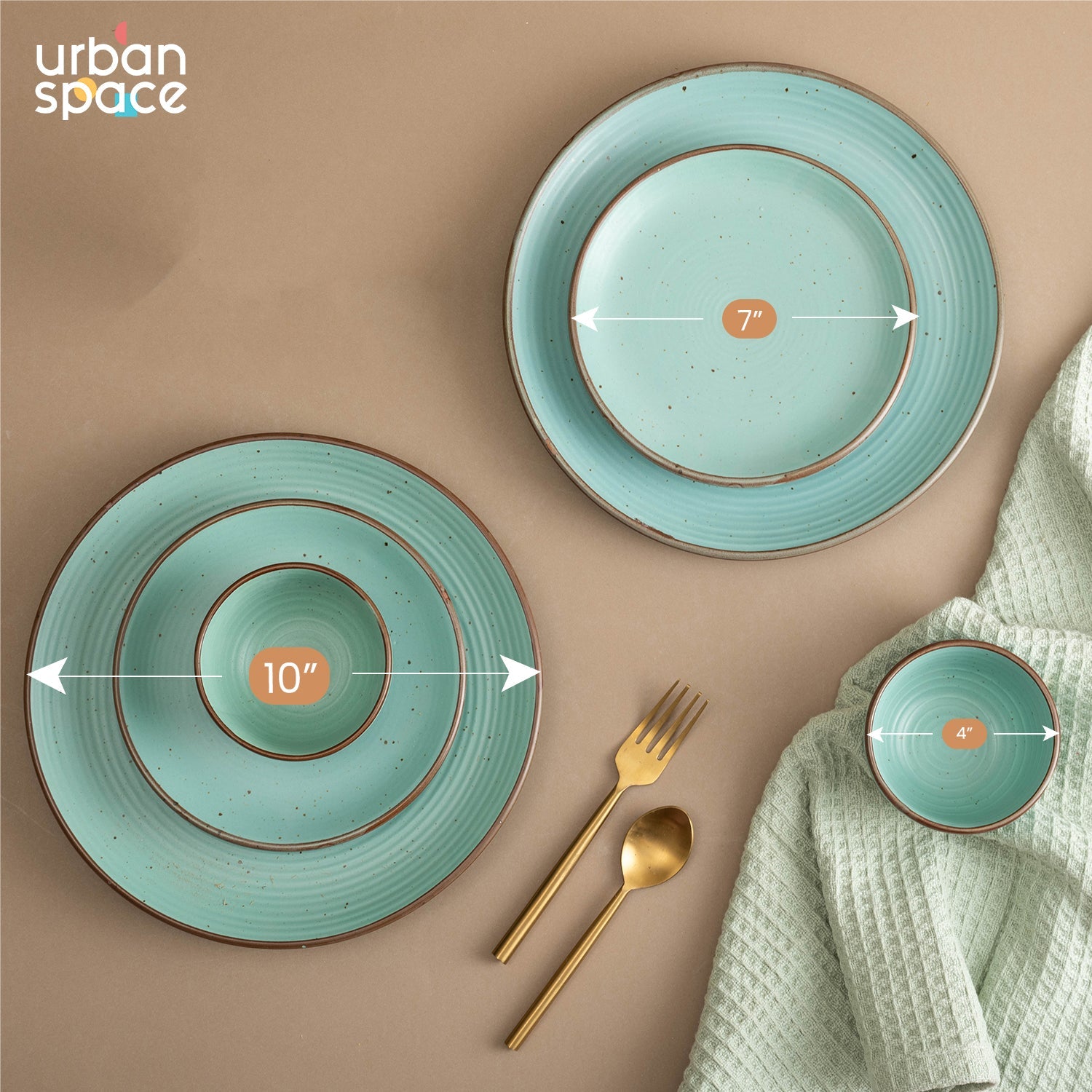 Handmade Ceramic Full dinner set for 2, 2 pieces each of dinner plate, quarter plate and katori bowls, Set of 6, Ocean Green