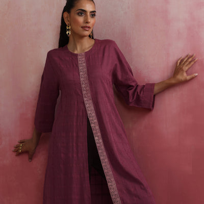 trueBrowns Mauve Cotton Dobby Front Slit Kurta Set
