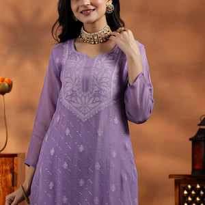 Lavender Embroidered Organza Straight Suit With Dupatta