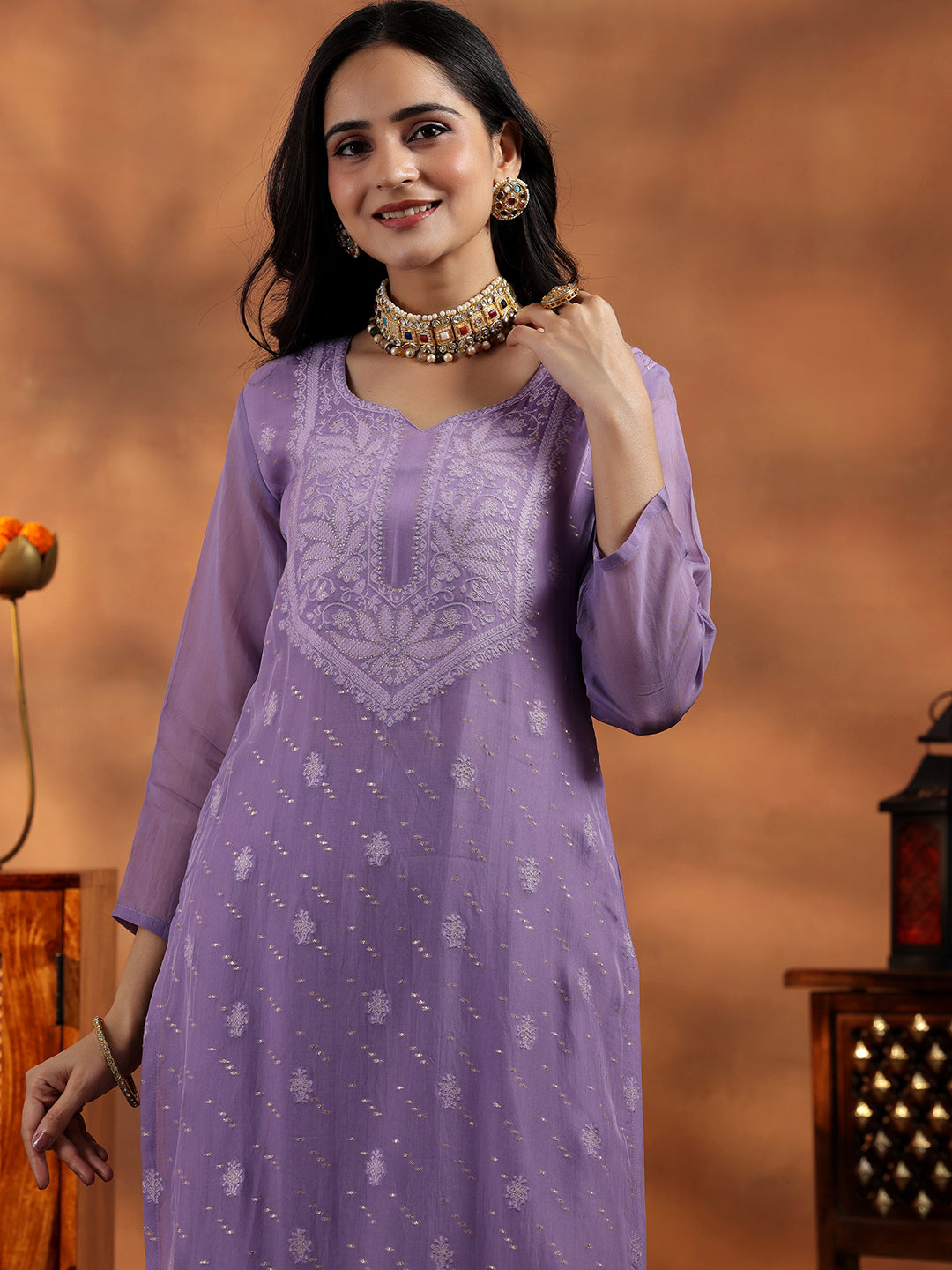 Lavender Embroidered Organza Straight Suit With Dupatta