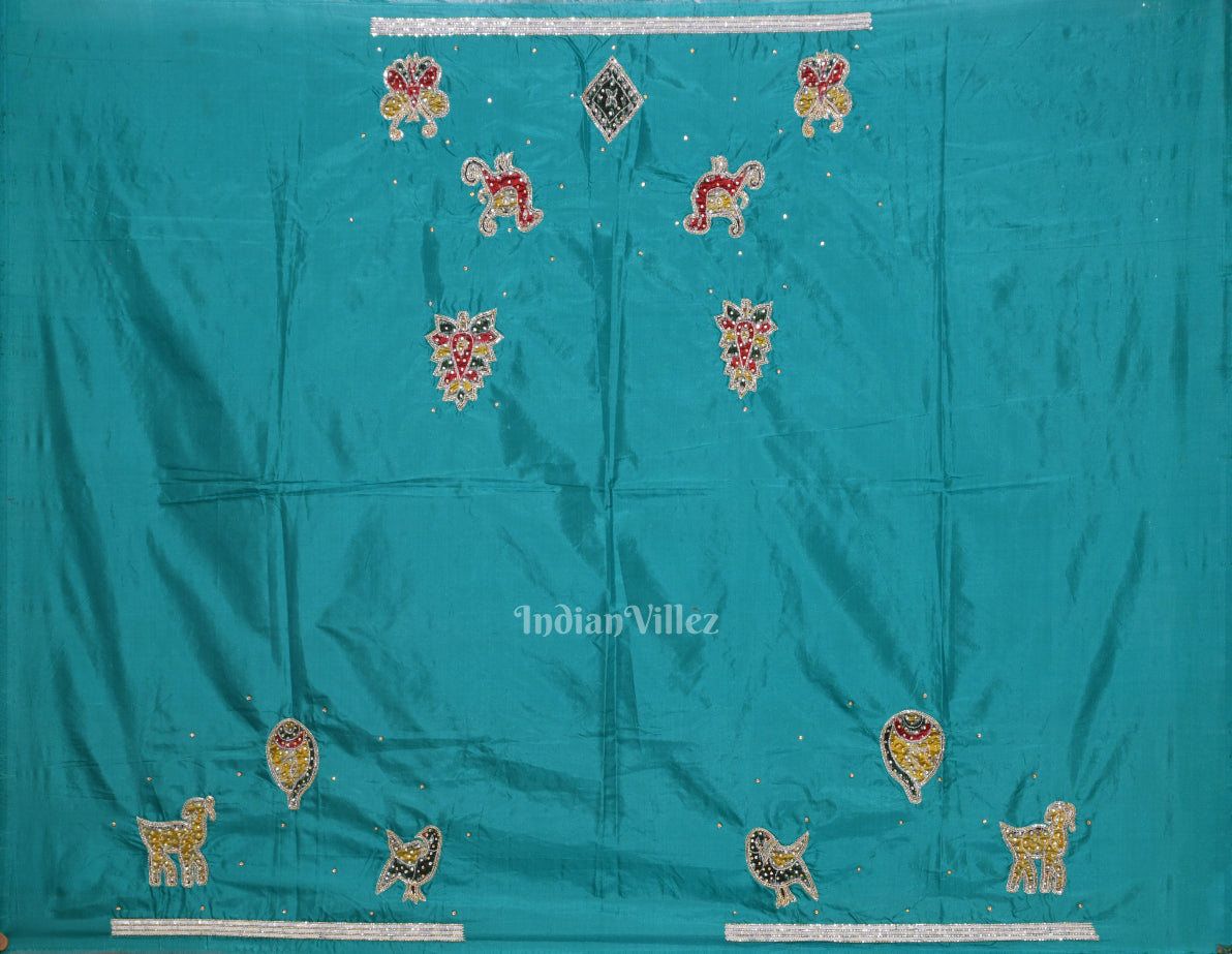 Blue Cement Square Motif Pure Silk Hand Embroidered Saree