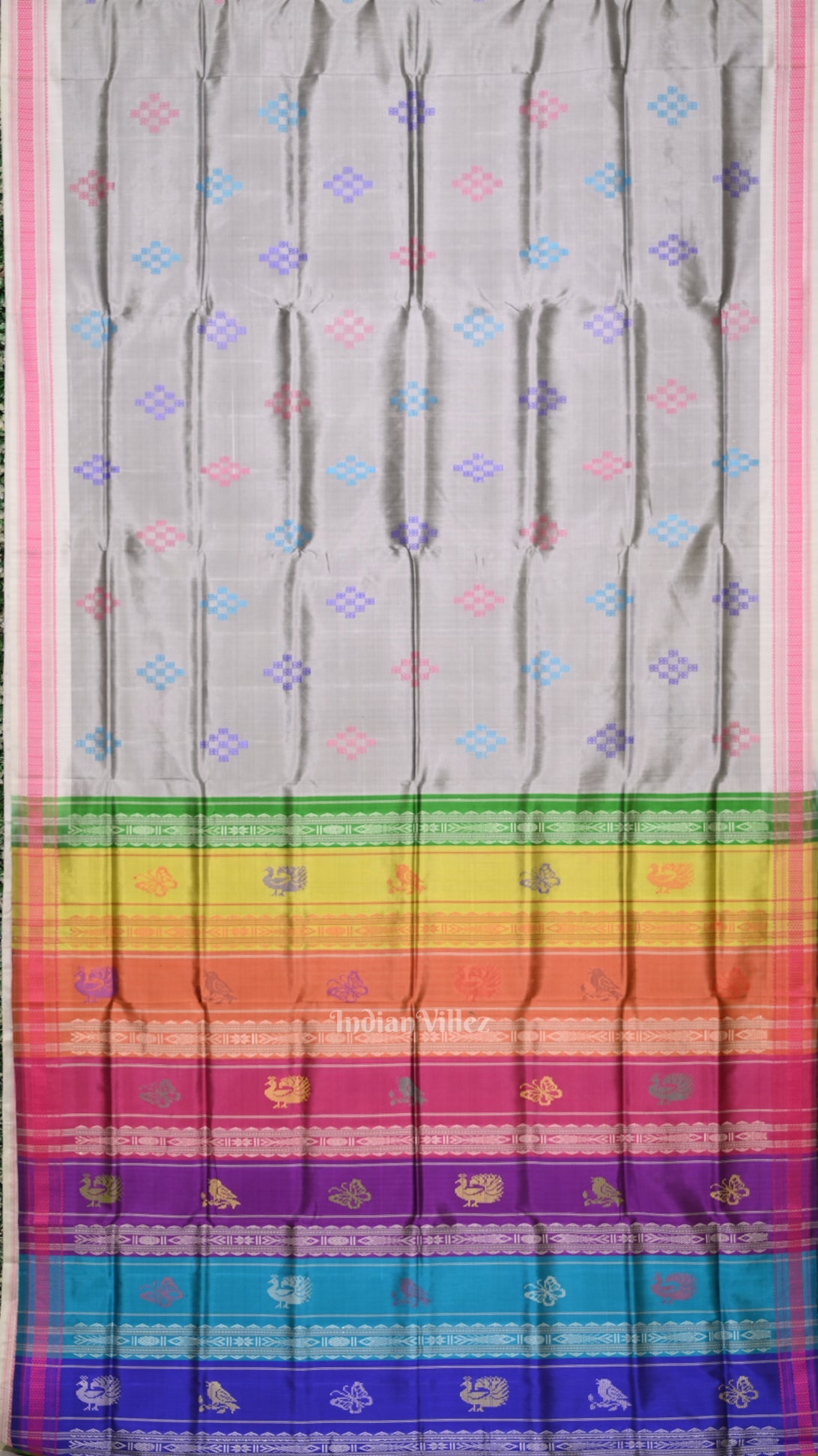 Gray Body Pasapali Double Pallu Berhampuri Silk Saree