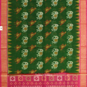Green Pink Pochampally Ikat (Silk & Cotton) Sico Saree with Zari Border