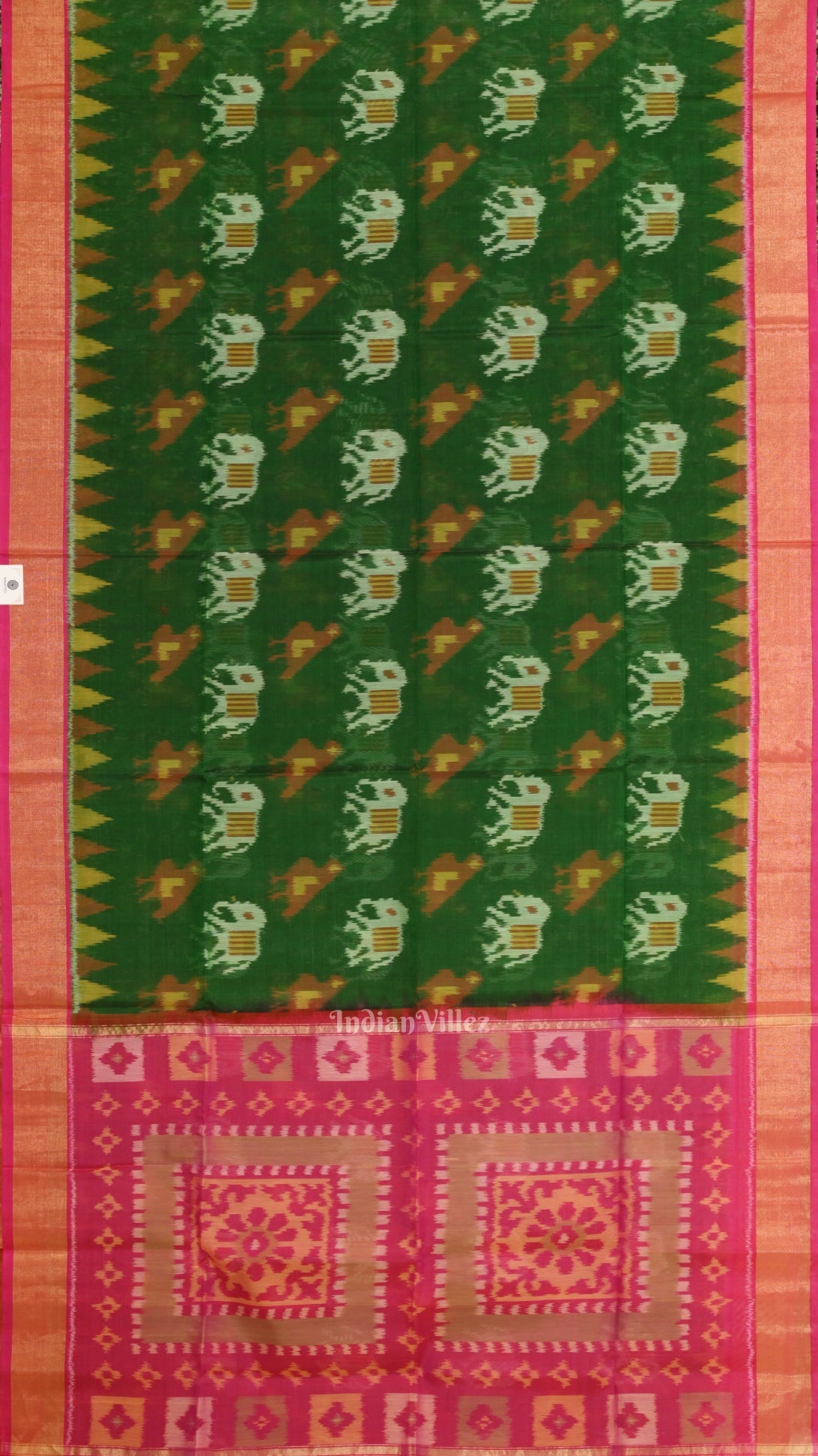 Green Pink Pochampally Ikat (Silk & Cotton) Sico Saree with Zari Border