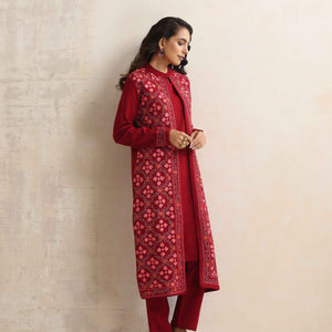 trueBrowns Maroon Kashmiri Woollen Jacket 3pc Set