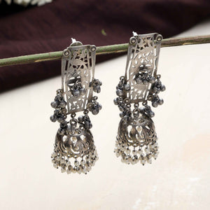 trueBrowns Silver Tone Floral Jhumka Earrings