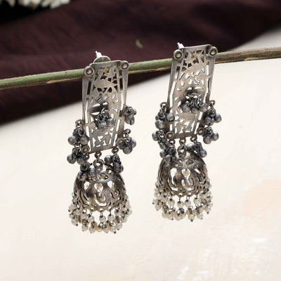 trueBrowns Silver Tone Floral Jhumka Earrings