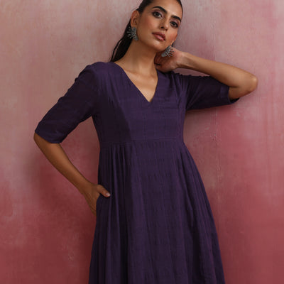 trueBrowns Purple Cotton Dobby Dress