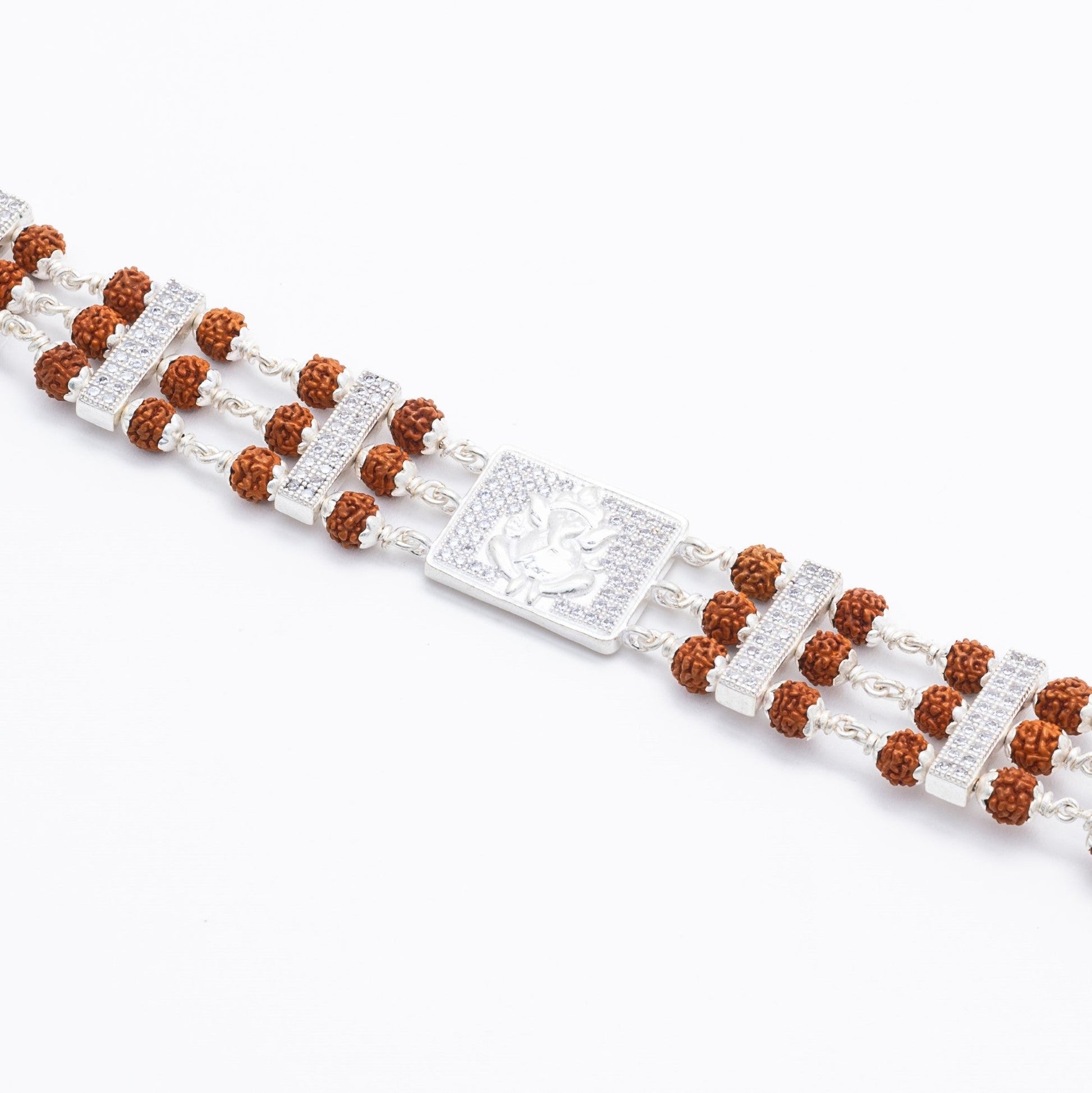 Rudraksha Silver Brooch Ganesh Triple Line Bracelet