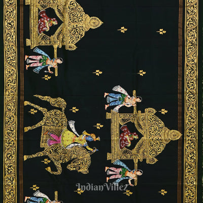 Bright Green with Red Doli Barat Theme Hand-Painted Pattachitra Saree