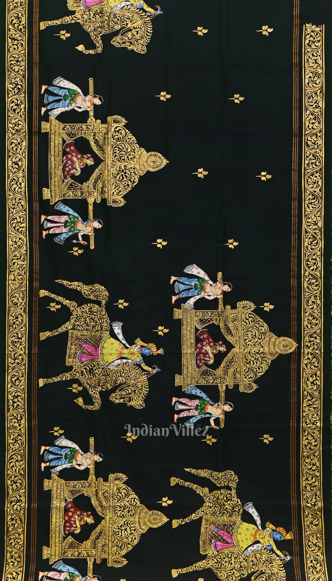 Bright Green with Red Doli Barat Theme Hand-Painted Pattachitra Saree