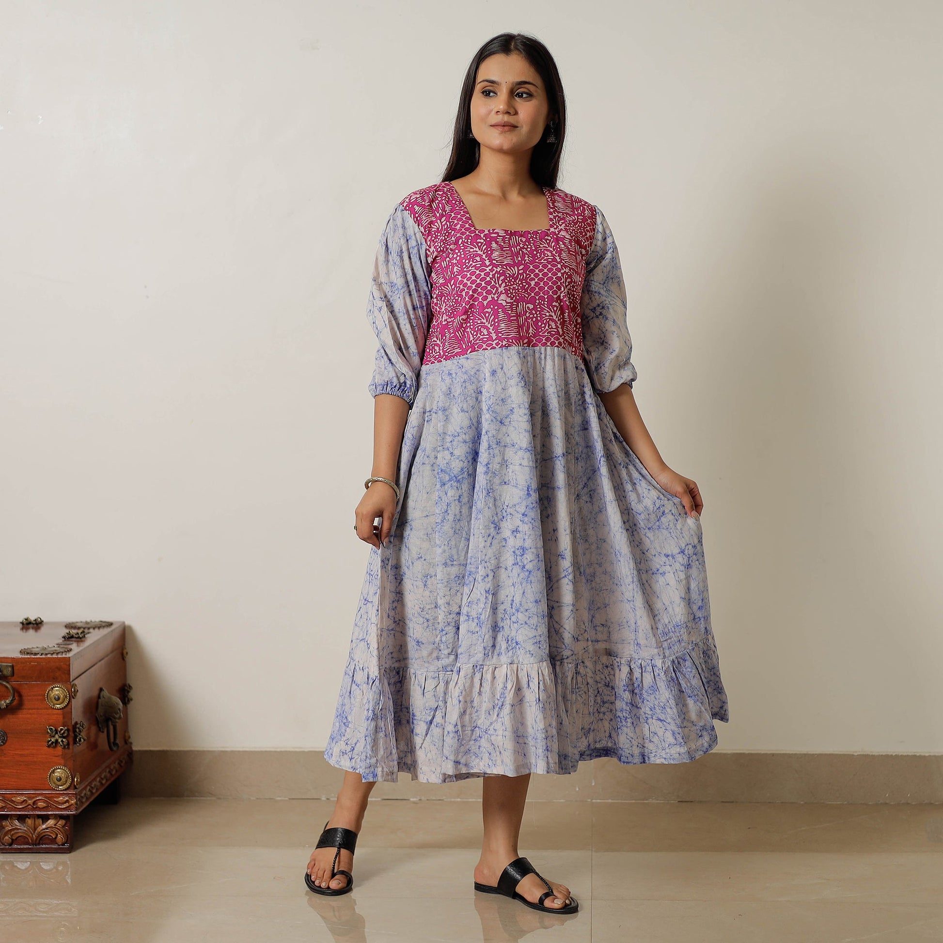 Blue - Hand Batik Printed Cotton Flared Dress 03