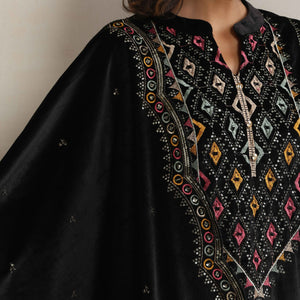 trueBrowns Black Velvet Geometric Embroidered Kurta Pant Dupatta Set