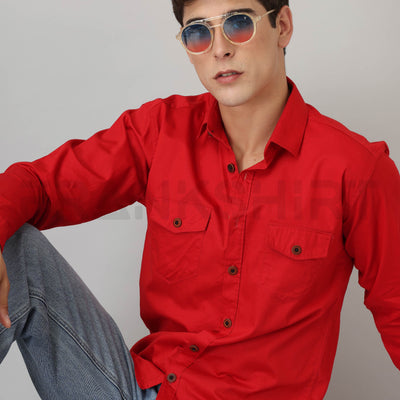 Frankshirt Double Pocket Red Solid Tailored Fit Cotton Casual Shirt for Man