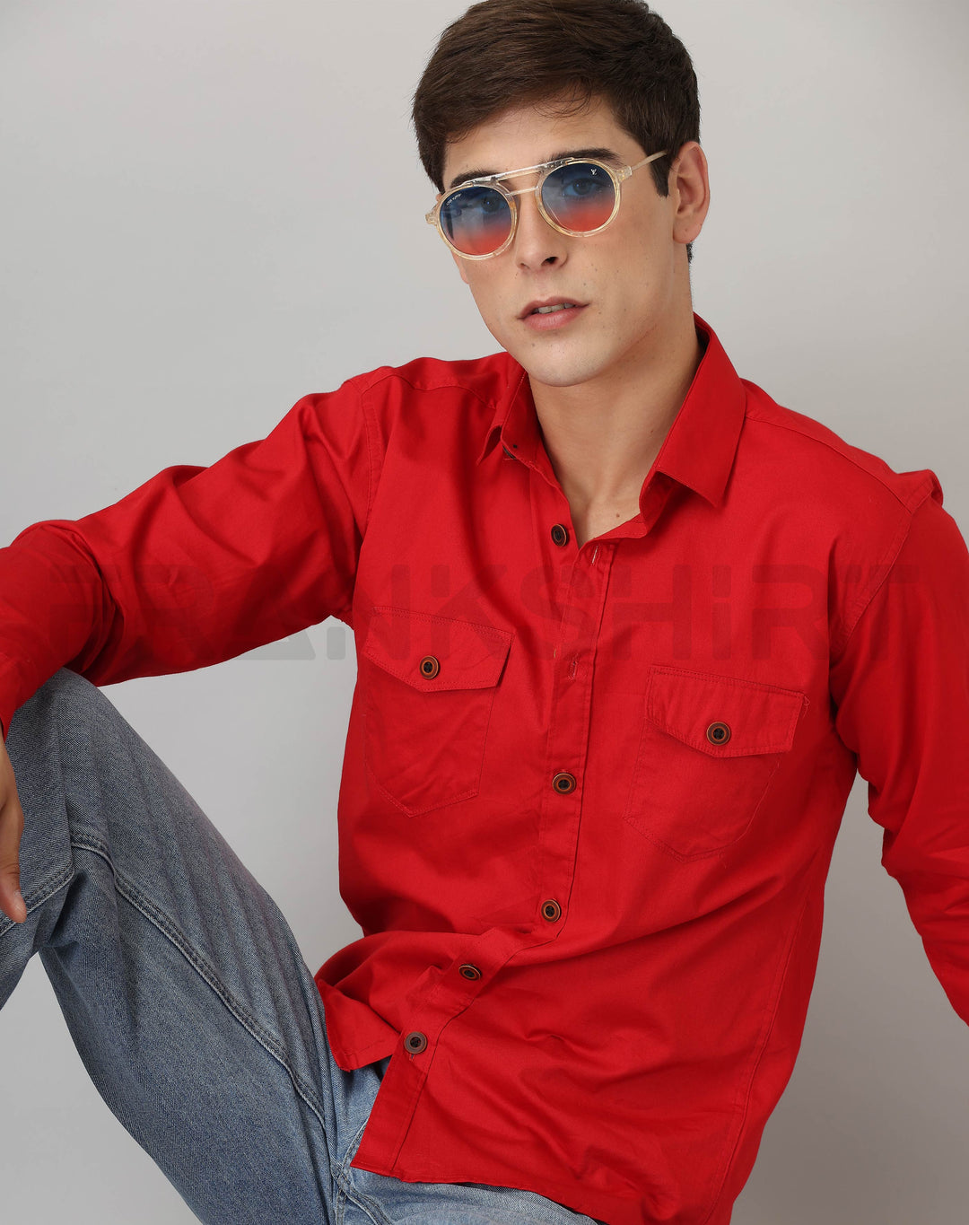 Frankshirt Double Pocket Red Solid Tailored Fit Cotton Casual Shirt for Man