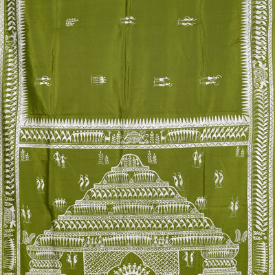 Mehendi Green Tribal Art Konark Temple Hand-Painted Pattachitra Saree