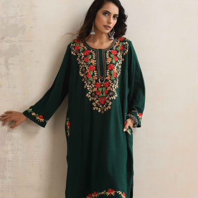 trueBrowns Green Kashmiri Floral Embroidered Woollen Phiran Kurta