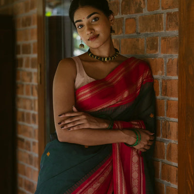 Teal Handloom Korvai Kanchi Cotton Saree With Annam Buttas