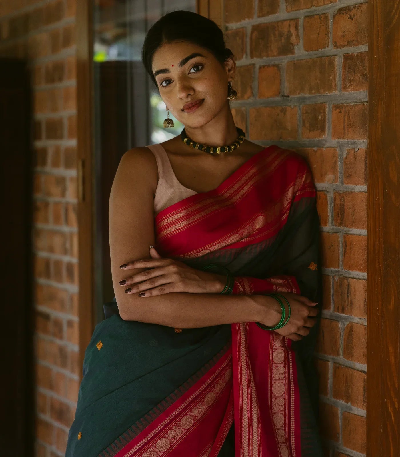 Teal Handloom Korvai Kanchi Cotton Saree With Annam Buttas