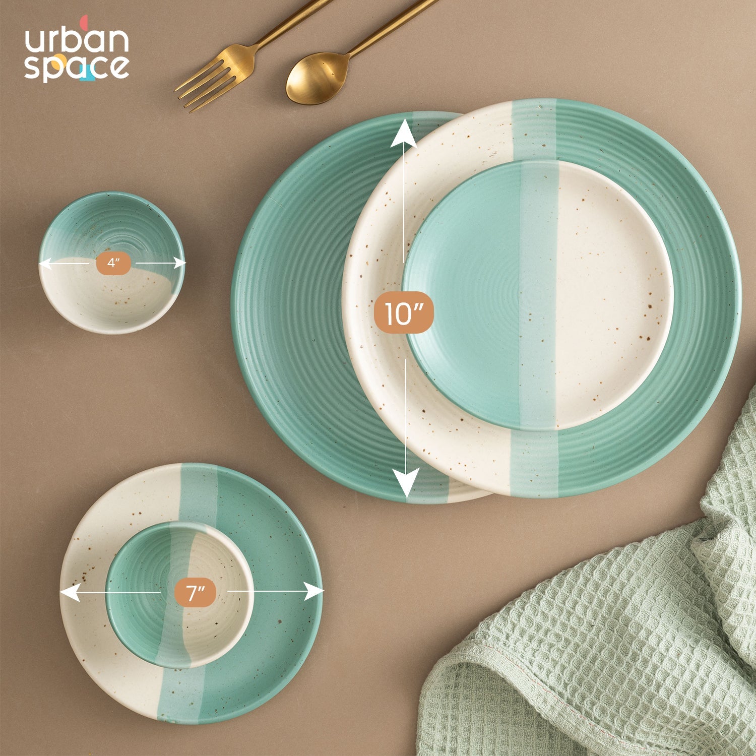 Handmade Ceramic Full dinner set for 2, 2 pieces each of dinner plate, quarter plate and katori bowls, Set of 6, Green Pearl