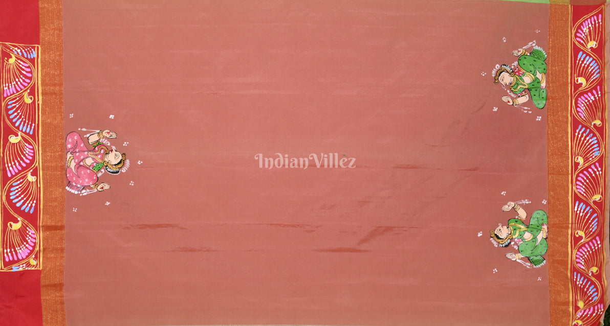 Parrot Green Raja Doli Theme Hand-Painted Pattachitra Saree