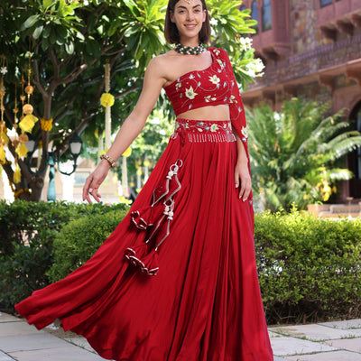 Rutvi Red Handpainted Satin Lehenga Set