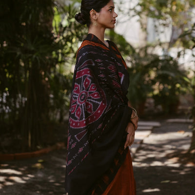 Rust Handloom Orissa Cotton Saree With Black Temple border