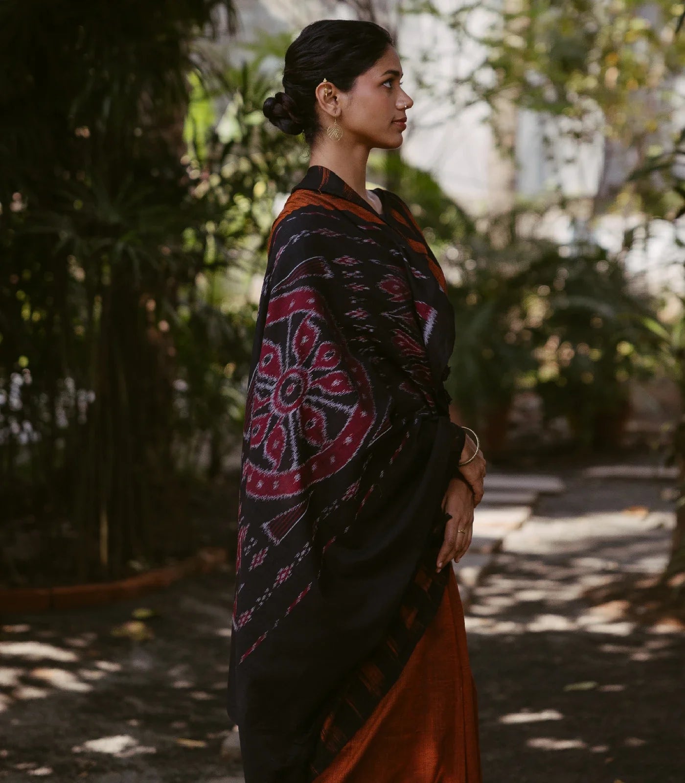 Rust Handloom Orissa Cotton Saree With Black Temple border