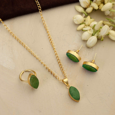 trueBrowns Gold Tone Green  Stone Pendant Set
