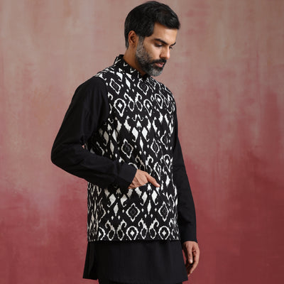 trueBrowns Men's Black Ikat Reversible Nehru Jacket