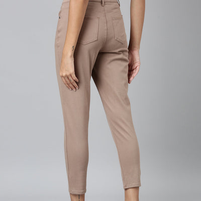 Women Solid Light Chocolate Mid Rise Cropped Jeggings