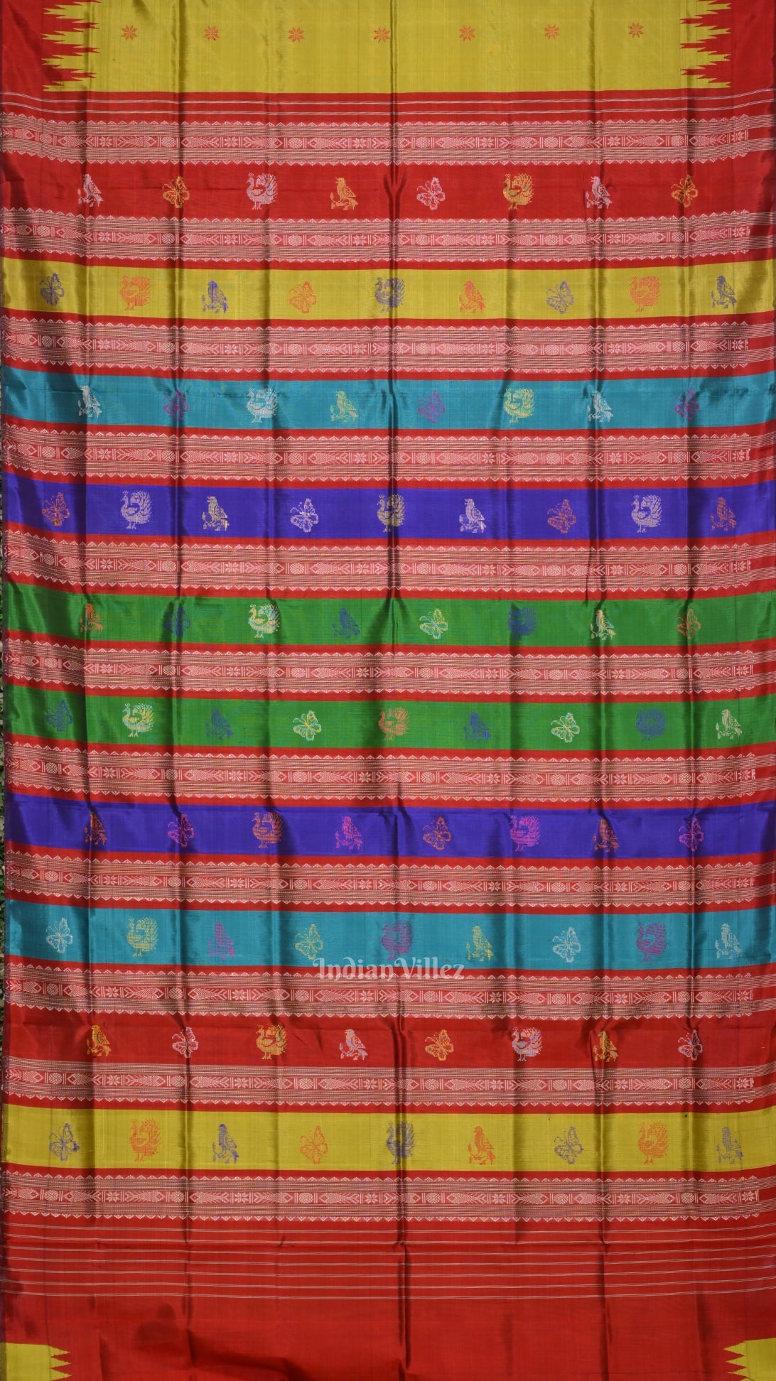 Mehendi Green & Red With Multicolor Double Pallu Berhampuri Silk Saree