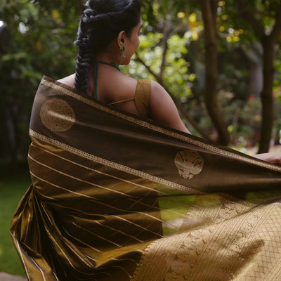 Dark Olive Handloom Silk Cotton Saree With Veldari stripes