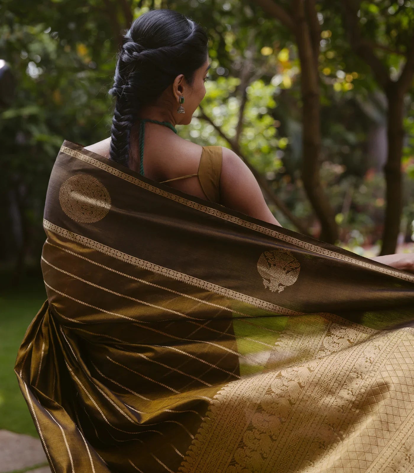 Dark Olive Handloom Silk Cotton Saree With Veldari stripes