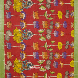 Red With Peacock Anchal Hand-Painted Natural Dye Cotton Kalamkari Saree