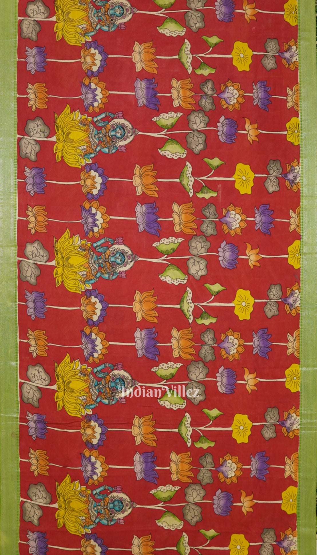 Red With Peacock Anchal Hand-Painted Natural Dye Cotton Kalamkari Saree