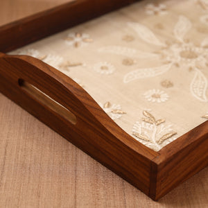 Beige - Chikankari Zari Hand Embroidered Sheesham Wood Tray